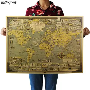 Svetovni Arhitekturni Čudež Točko Zemljevida Kraft Retro Papir za Plakat Stenske Nalepke, Dekorativne Slikarstvo Izdelki za Gospodinjstvo 68x51.5 cm