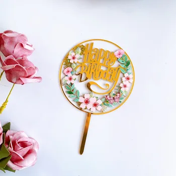 Nova Barva Cvetja Happy Birthday Cake Toppers Zlato Akril Rojstni dan Cupcake Pokrivalo Dekor za Otroke Rojstni dan Torta Dekoracijo