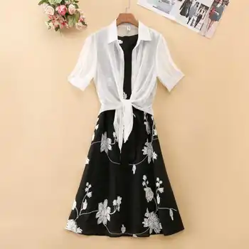 Ženska Obleka Za Obleko 2021 Nov Modni Slog Korejskem Slogu Povoj Retro Natisnjeni Šifon Obleko Natisnjeni Bluzo Obleko, Dvodelno,