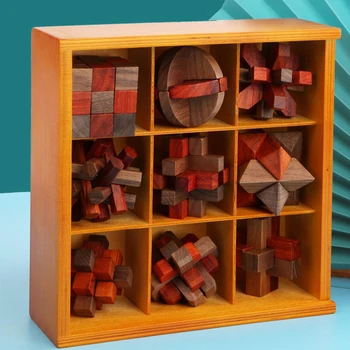 9Pcs Kongming Zaklepanje Nastavitev 3D Lesene Puzzle Možganov Dražljivke Visoke Kakovosti Mahagoni Kongming Ključavnice Za Odrasle Mladoletnike