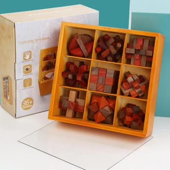 9Pcs Kongming Zaklepanje Nastavitev 3D Lesene Puzzle Možganov Dražljivke Visoke Kakovosti Mahagoni Kongming Ključavnice Za Odrasle Mladoletnike