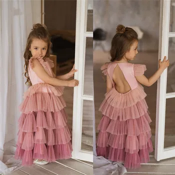 Otroci Oblačila po Meri Cvet Dekle Obleko Stopenjski Til Backless Princesa Stranka Halje Velikosti 1-14Years