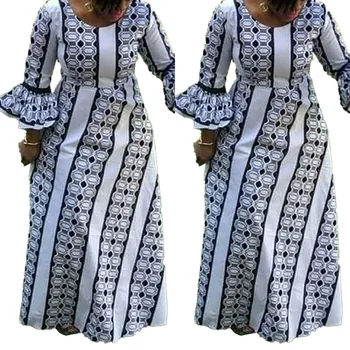 2021 Nove Afriške Obleke Za Ženske, Natisnjeni Obleko Ruffles O Vratu Dolgo Flare Rokavi Jeseni Ženski Vestidos Moda Novih Oblačilih,