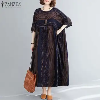 Retro Natisnjeni Maxi Obleka Ženske Mozaik Haljo 2021 ZANZEA Priložnostne Kratek Rokav Vestidos Ženski Pomlad Sundress