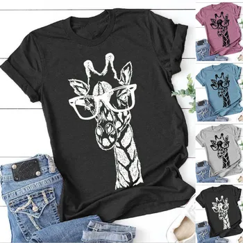 Majica s kratkimi rokavi Ženske Harajuku Tshirt Plus Velikost Kratek Rokav Očala Žirafa Natisnjeno sliko O-Vratu T-Shirt Vrhovi Ženske 2020 футболка