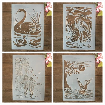 4Pcs A4 29 cm Swan Divja Raca Jezero DIY Layering Matrice Stensko Slikarstvo Album Kolorit Reliefi Album Dekorativni Predlogo