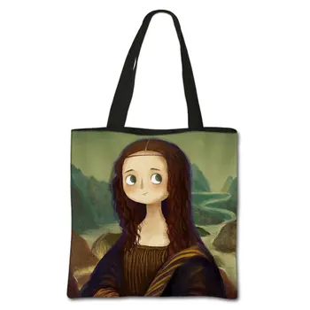 Oljna slika dekle rame ženski prosti čas torbici plaže vrečko ženska tote vrečko Smešno Mona Lisa Cosplay Zložljiva Nakupovalna Torba
