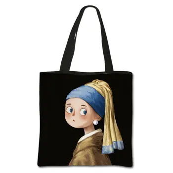 Oljna slika dekle rame ženski prosti čas torbici plaže vrečko ženska tote vrečko Smešno Mona Lisa Cosplay Zložljiva Nakupovalna Torba