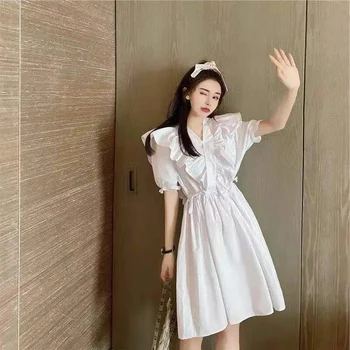 Korejski Slog Proti-vrat Ruffle Kratek Rokav Midi Obleko Poletje Seksi Plus Velikost 3xl Povoj Obleke Za Ženske 2021 Moda Ohlapno Obleko