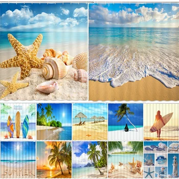 Nova 3D Plaži Pokrajino, Tuš Zavese, Morje, Ocean Sredozemlju Kopalnica Zavese Nepremočljiva Tkanine, Dekoracijo Kopel Zavese Zavese