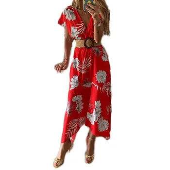 Poletje Oblačenja Žensk Rdeče Rumeni Tisk 2021 Nov Modni Evropi in Ameriki Ulične Plus Velikost Plaži Maxi Obleke Vestidos N841