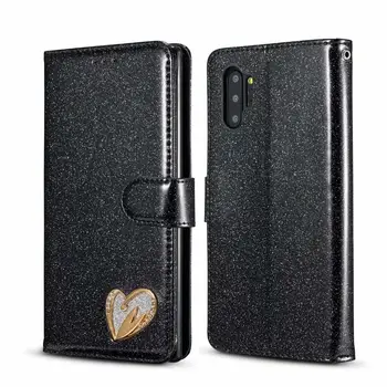 Bleščice Nosorogovo 3D Ljubezen Srce PU Usnja Flip Primeru Telefon za Samsung Note 20 S20 Ultra Opomba 10 Plus S10 Plus S10e Opomba 9 S9