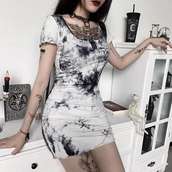 Seksi Sundresses Ženske Goth Temno Gothic Tie Dye Moda Povoj Kvadratnih Vrat Gumb 2021 Poletne Obleke Visoko Pasu Clubwear