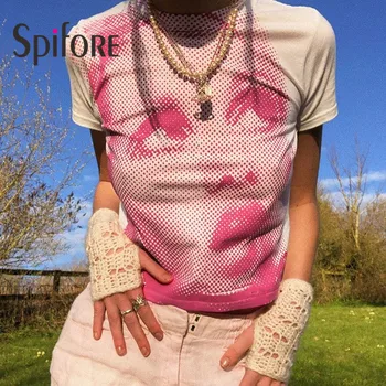 Spifore Y2K Tie Dye Srajce 2021 Poletje Portret Tiskanja Hip Hop Povzetek T-Shirt Moda Tulec O Vratu Priložnostne Ženske Tees Vrhovi