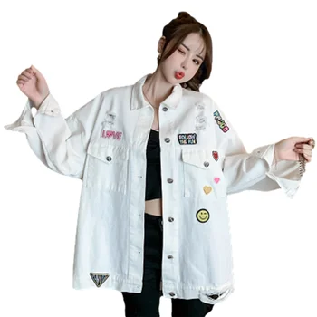 Neto rdeče raztrgala denim jakna ženske pomlad 2021 novo ohlapno korejski študent modnega jeansa trend