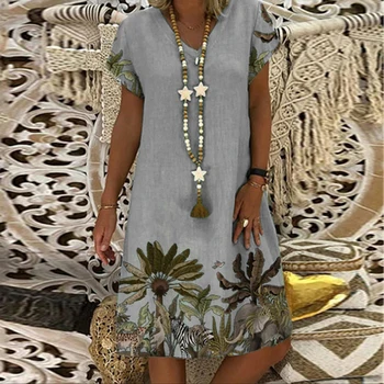 Poletje Žensk Dress Vintage Natisnjeni Eleganten V-izrez Kratek Rokav A-Linija Obleke Seksi Beach Party Obleka Obleka Ženske