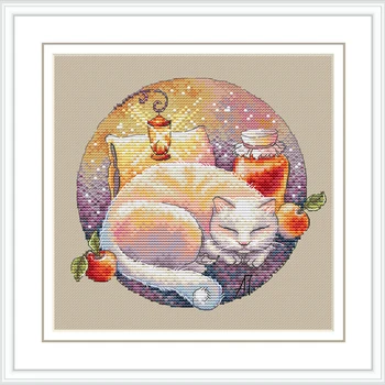Zlato Zbirka Šteje Navzkrižno Šiv Kit Spalna mačka noč sanje belega mačka kitty