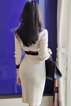 Barva-blokirane Letnik Pletene Ženske obleke Poln Rokav Enotni-zapenjanje Obleke, Elegantne korejske Modne Dame Vestidos 2021