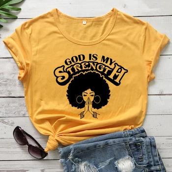 Bog Je Moja Moč T-shirt Trendy Afro Lady Molitev Graphic Tee Shirt Vrh Ženske svetih spisov Krščanske Vere Tshirt Padec Ladijskega prometa
