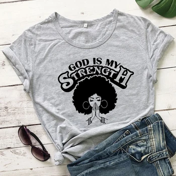 Bog Je Moja Moč T-shirt Trendy Afro Lady Molitev Graphic Tee Shirt Vrh Ženske svetih spisov Krščanske Vere Tshirt Padec Ladijskega prometa