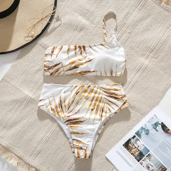 Ena Ramenski Bikini Visoko Pasu Kopalke Ženske 2021 Nove Seksi Kopalke Ženske Listov Tiskanje Bikini Komplet Bather Kopalke Plažo