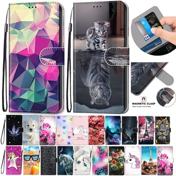 Flip Usnjena torbica Za Samsung Galaxy J8 2018 Fundas 3D Denarnice za Kartico sim Stojalo Knjigo Kritje Mačka Pes Naslikal Coque J8