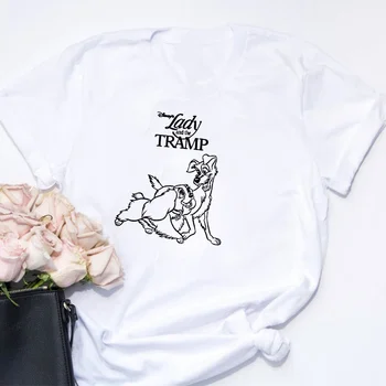 Dama in potepuh T Shirt Lep Pes Natisnjeni Strip Disney Tee Poletne Majice Kratek Rokav Priložnostne Bele O-vratu T-shirt Ženski