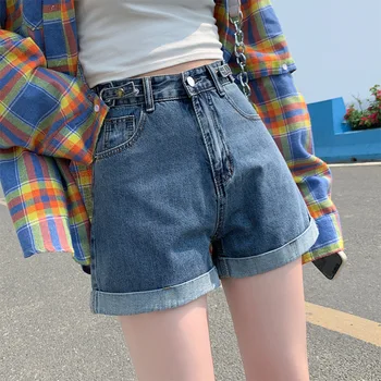 WANYUCL visoko pasu traper hlače ženske poletje nov slog nastavljiv svoboden ravne noge tanke kodraste A-line širok noge kratke hlače ženske
