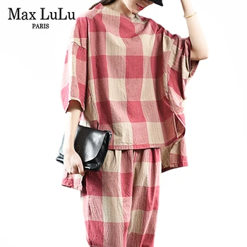 Max LuLu Pomlad 2021 Design Obleke, Ženske Kariran Tiskani Bombaž Perilo Dveh Kosov Določa Gospe Priložnostne Vrhovi In Svoboden Harem Hlače