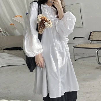 [EAM] Ženske Bele Povoj Velika Velikost Naguban Shirt Obleko New River Dolg Rokav Ohlapno Fit Moda Plima Pomlad Jesen 2021 1DD5740