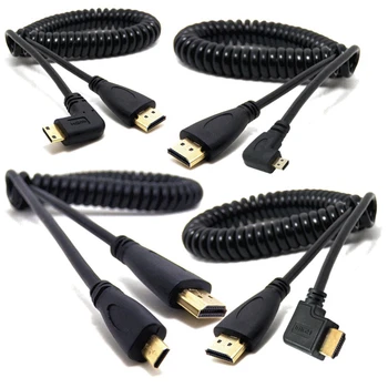 Pravo in Levega Kota Mini HDMI je združljiv & HDMI & Micro HDMI moški-moški stretch Pomlad Curl Prožni Kabel V1.4 DSLR 0,5 M/1,5 M