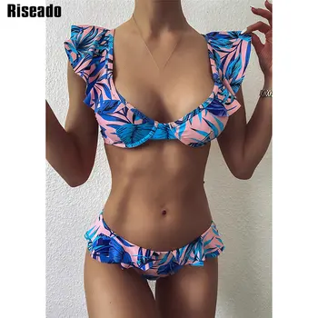Riseado Ruffle Bikini Komplet Push Up Kopalke Ženske Kopalke, Seksi Bikini 2021 Visoko Izreži Biquini Listov, Ki So Natisnjeni Plažo Poletje