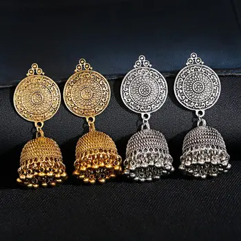 Vintage Vklesan Srebrne Barve Jhumka Zvonovi Kroglice Tassel Izjavo, Uhani Za Ženske V Egiptu Plemenski Gypsy Poroko Indijski Nakit