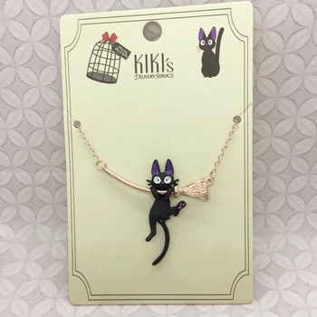 Kiki ' s Delivery Service Jiji Mačka Metlo Obeski Modni Nakit za Ženske Črna Mačka, ki Visi Palico Ogrlica Čarovnice Nakit