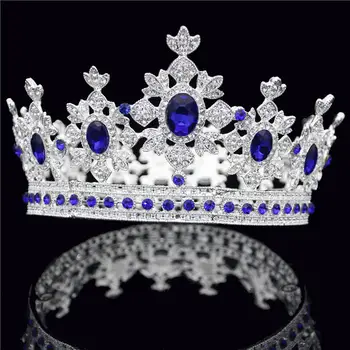 Poročne Krono za Kraljica Kralj Tiara Diadem Modra Kristal Tiaras in Krone Nevesta Headdress Poroko Lase, Nakit, Dodatki