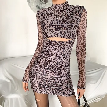 2021 pomlad novi Evropski in Ameriški stil žensk dolgimi rokavi, okoli vratu leopard vzorec slim fit modna torba hip obleko