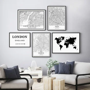 Sodobni Svet Mestne Karte Platno, Slike, New Yorku, Parizu, Londonu, Plakati in Črno Belih Fotografij Wall Art Slike za Dom Dekor