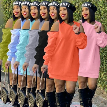 Prevelik Hooded Majica Obleka Ženske Dolg Rokav Hladno Ramo Zadrgo Priložnostne Jeseni Obleko Mini Plus Velikost Obleke za Ženske