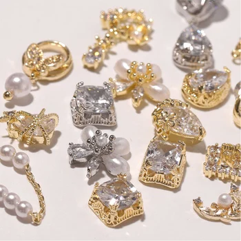 Sijoče Cirkon 3D Nail Art Okraski Luksuzni Pearl Diamanti Kristalno Zlitine Nakit Manikira Oblikovanje Pribor 2PCS