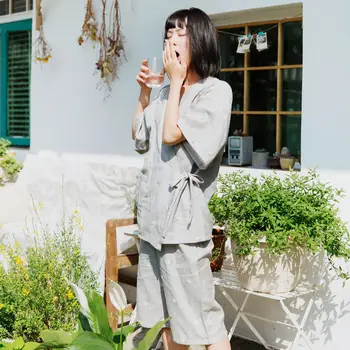 Harajpee Ženske Pižame 2021 Poletje Japonski Priložnostne Temperament Moda Čipke-UP PROTI-Vrat Design Kratka Sleeved Domov Nositi Obleke