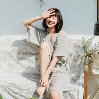 Harajpee Ženske Pižame 2021 Poletje Japonski Priložnostne Temperament Moda Čipke-UP PROTI-Vrat Design Kratka Sleeved Domov Nositi Obleke