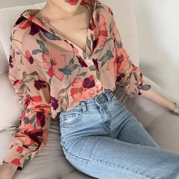 Moda Dolg Rokav Šifon Bluze Za Ženske Majice, Vrhovi Cvetlični Ženske Bluzo Proti-Vrat Ohlapne Srajce
