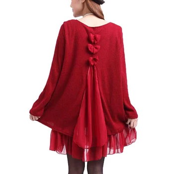 Plus Velikost Ženske Priložnostne Dolg Rokav Ponaredek Dveh Kosov Nazaj Režejo Bowknot Mini Obleka