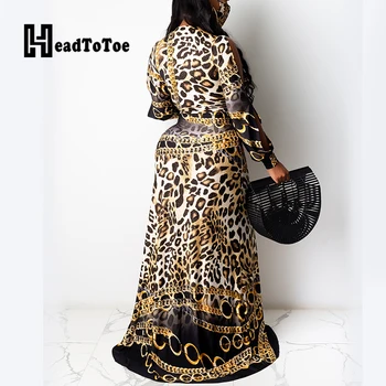 Leopard Verige Tiskanje Vozlane Sashes Seksi Stranka Ženska Obleka Z Dolgimi Rokavi V Vratu Dolžina Tal Suh Visoko Pasu Ženska Obleka