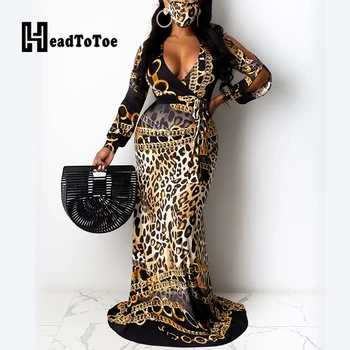 Leopard Verige Tiskanje Vozlane Sashes Seksi Stranka Ženska Obleka Z Dolgimi Rokavi V Vratu Dolžina Tal Suh Visoko Pasu Ženska Obleka