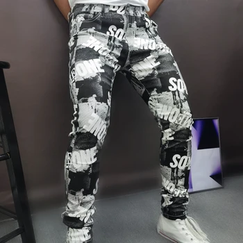 Hip Hop Party Traper Hlače Modni Pismo Digitalni PrintBlack Kavbojke Moški Oblikovalec Jean Štiri Sezone Skinny Kavbojke Moški Moda Hombre 2021