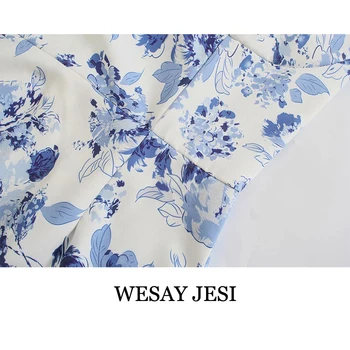 WESAY JESI Žensk Poletje Sundresses 2021 Nove Modne Obleke Flowy Modra Cvetlični Obleka Ženska Elastičnost brez Rokavov Elegantno Žensko