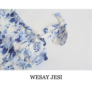 WESAY JESI Žensk Poletje Sundresses 2021 Nove Modne Obleke Flowy Modra Cvetlični Obleka Ženska Elastičnost brez Rokavov Elegantno Žensko