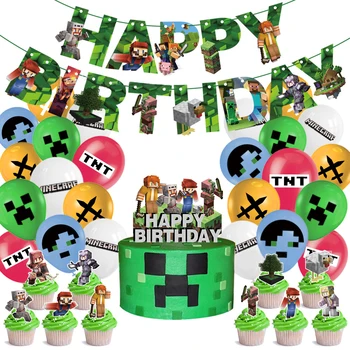 Malo Svetu Pixel Vojna Stranka Nastavite Happy Birthday Dekoracijo Banner Torto Igro Zeleno Temo Aluminija Film Balon Dekoracijo Stranka
