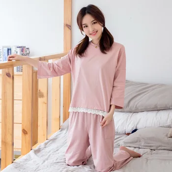 Japonski spomladi in jeseni ženske pižame bo ustrezala čipke srčkan barva plus velikost udoben dom, storitev ustrezala pižamo ženska roza